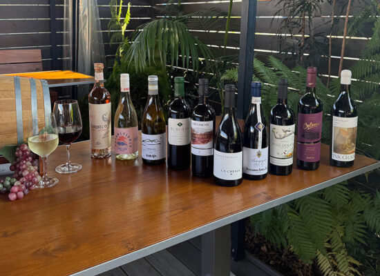 line up of 10 new wines added to the menu at plate38, patio background with green plants, wines on the right and centered on the edge of a long wood table, two glasses one white and one red next to wine barrel on left side table
